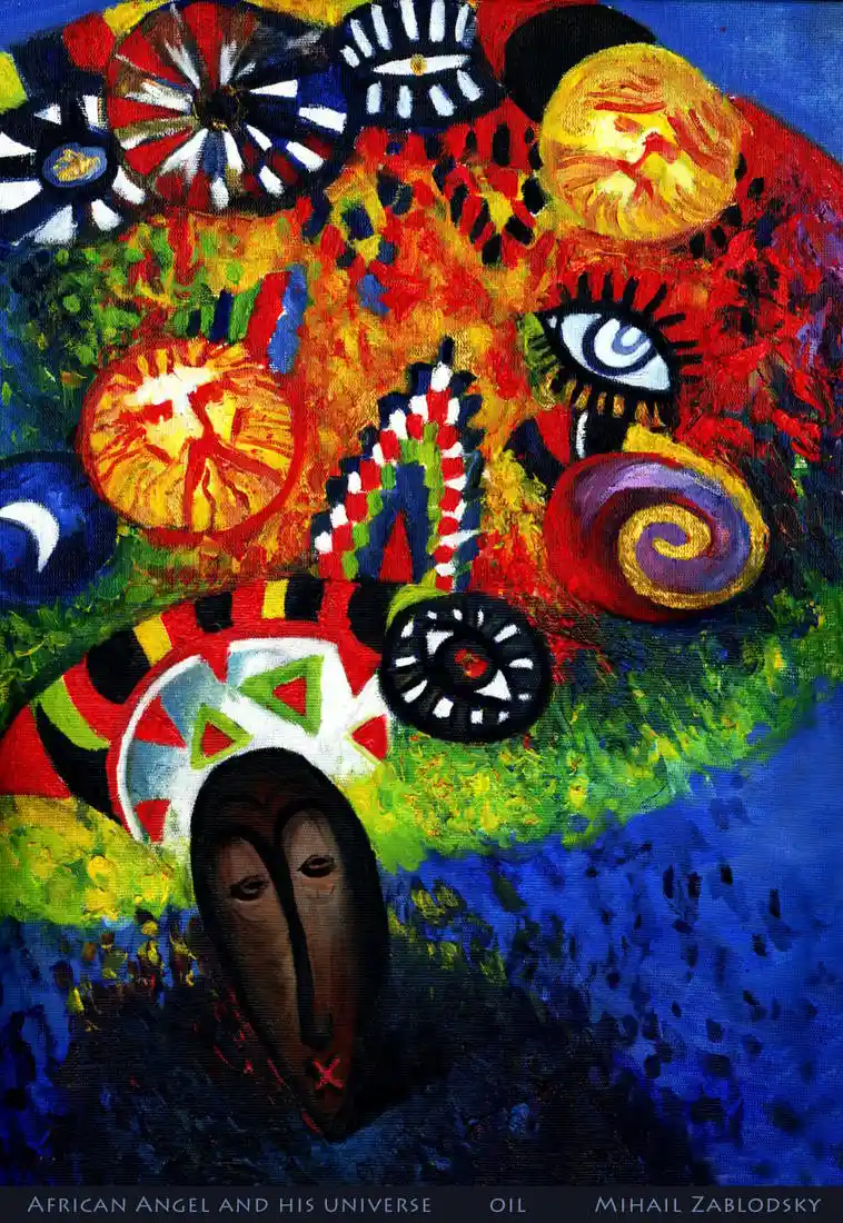 Mihail Zablodsky — African Angel — oil on canvas, Maasai shaman, ancestral symbols, ethnic surrealism