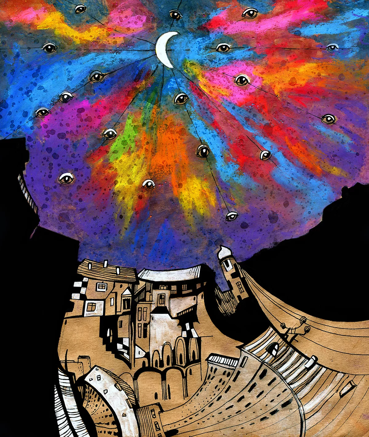 Mihail Zablodsky — Hundertwasser's Starry Night — pastel on paper, cosmic eyes, decorative surrealism