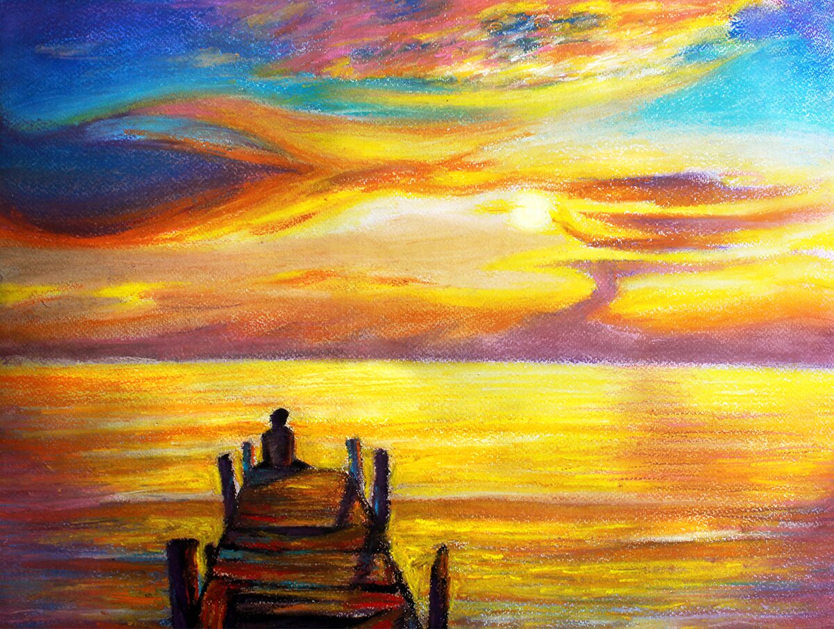 Mihail Zablodsky — The Wanderer — pastel on paper, man at the pier, golden sea, contemplative art