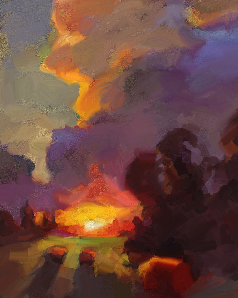 Mihail Zablodsky — Sunset — pastel on paper, expressive sky, dramatic sunset painting