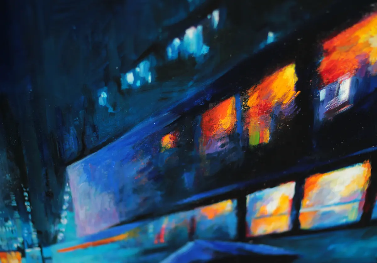 Tokyo rainy night cyberpunk oil painting by Mihaïl Zablodsky