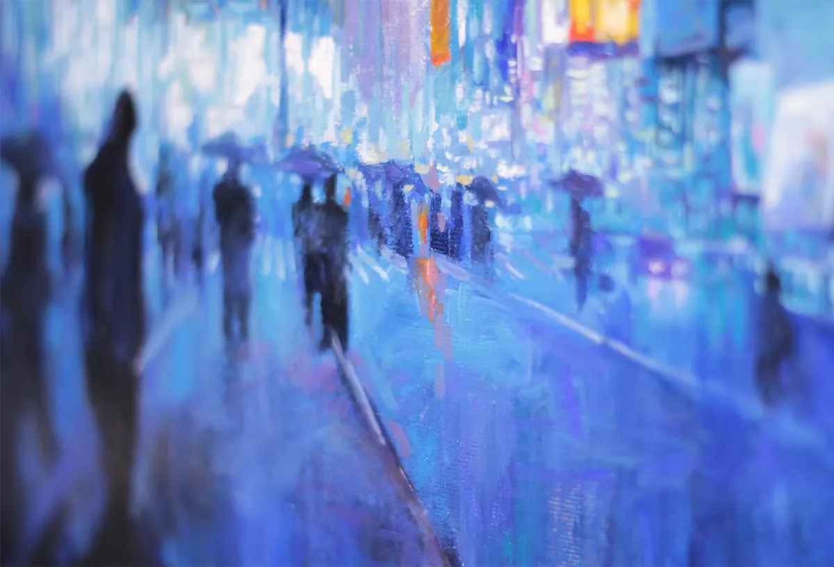 Tokyo rainy night cyberpunk oil painting by Mihaïl Zablodsky