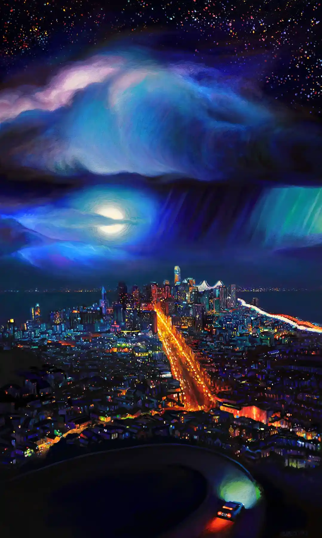Mihail Zablodsky — Rider On The Storm — San Francisco cityscape, urban impressionism oil painting, Jeremy Mann style.