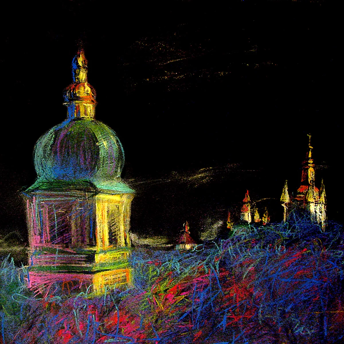 Mihail Zablodsky — Kyiv-Pechersk Lavra — pastel on paper, nocturnal landscape, Kyiv architecture
