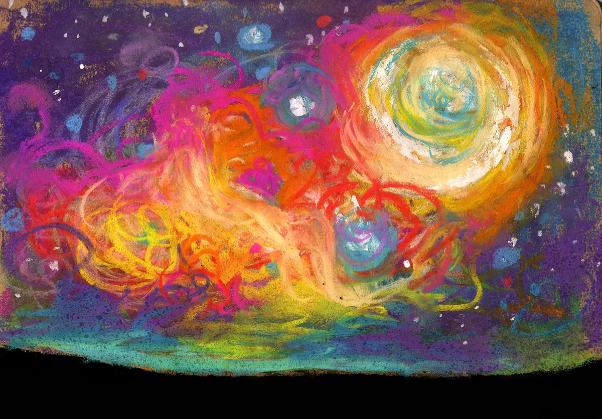 Mihail Zablodsky — Starry Night — pastel on paper, cosmic abstract, expressive night sky.