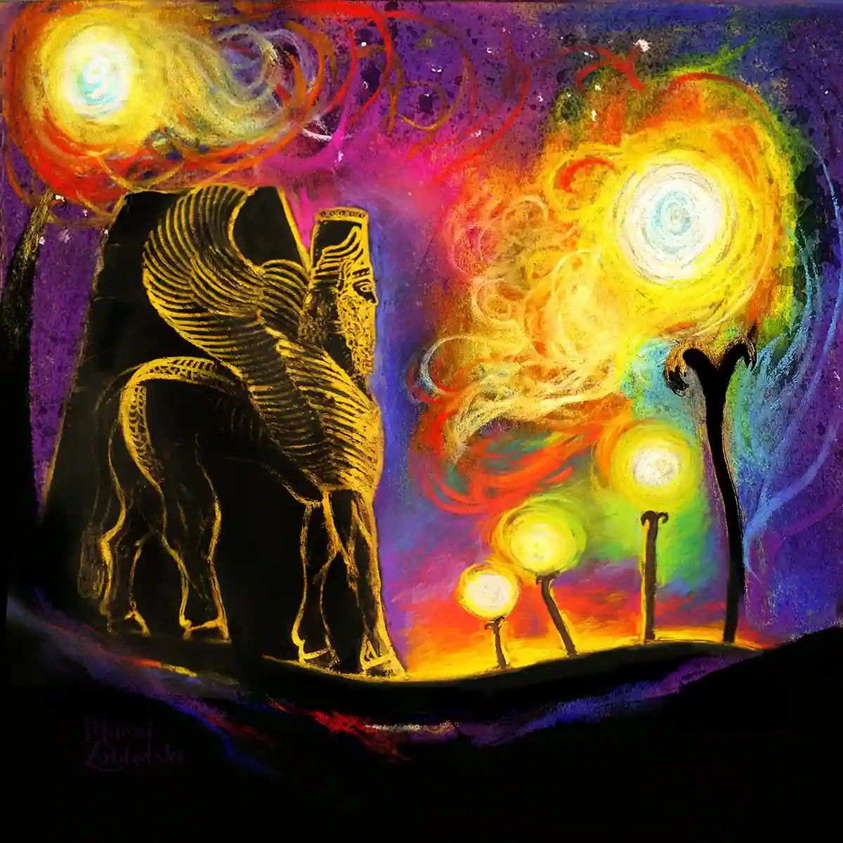 Mihail Zablodsky — Shedu — pastel on paper, Persepolis, Orion Nebula, mythological surrealism
