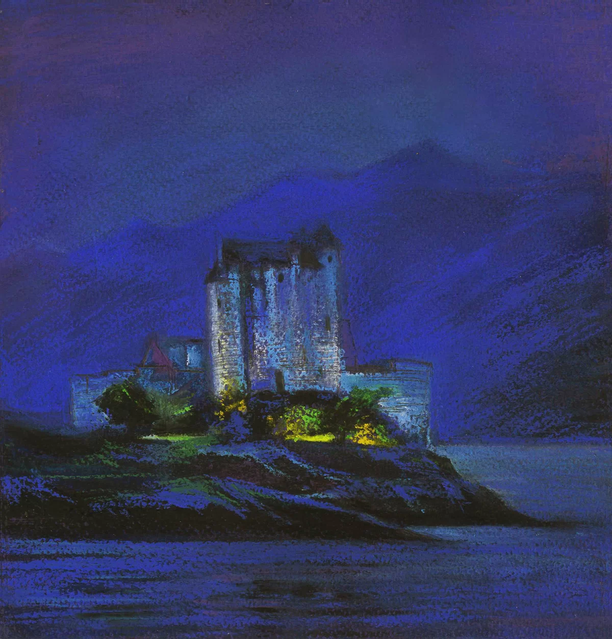 Mihail Zablodsky — Eilean Donan Castle — pastel on paper, Scotland landscape, medieval castle art