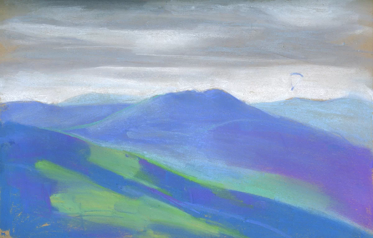 Mihail Zablodsky — Carpathians — pastel on paper, blue mountains, mountain landscape art.